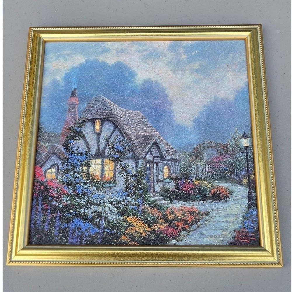 Thomas Kinkade Textured Art Accent Print "The Hidden Cottage" Gold Frame 14x14